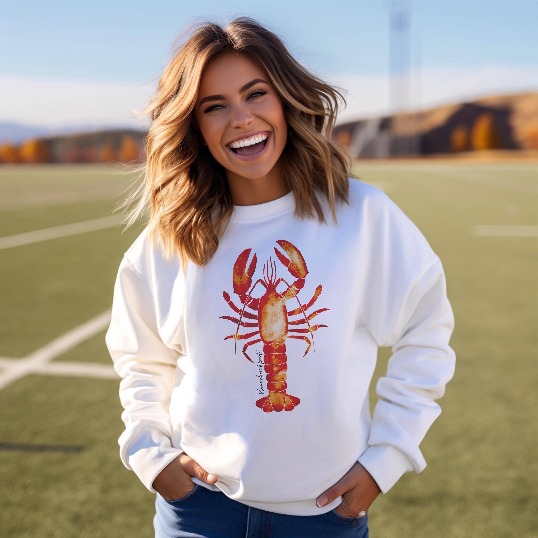 Women’s Gildan Sweatshirt White-Kennebunkport Maine Orange Lobster