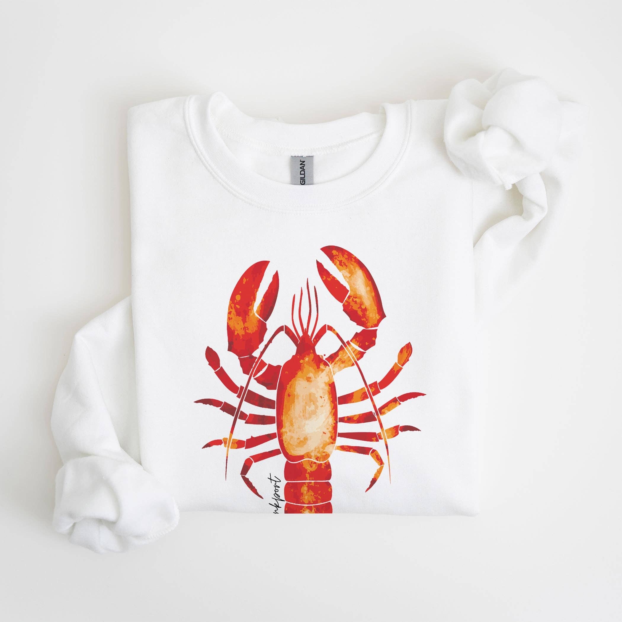 Women’s Gildan Sweatshirt White-Kennebunkport Maine Orange Lobster