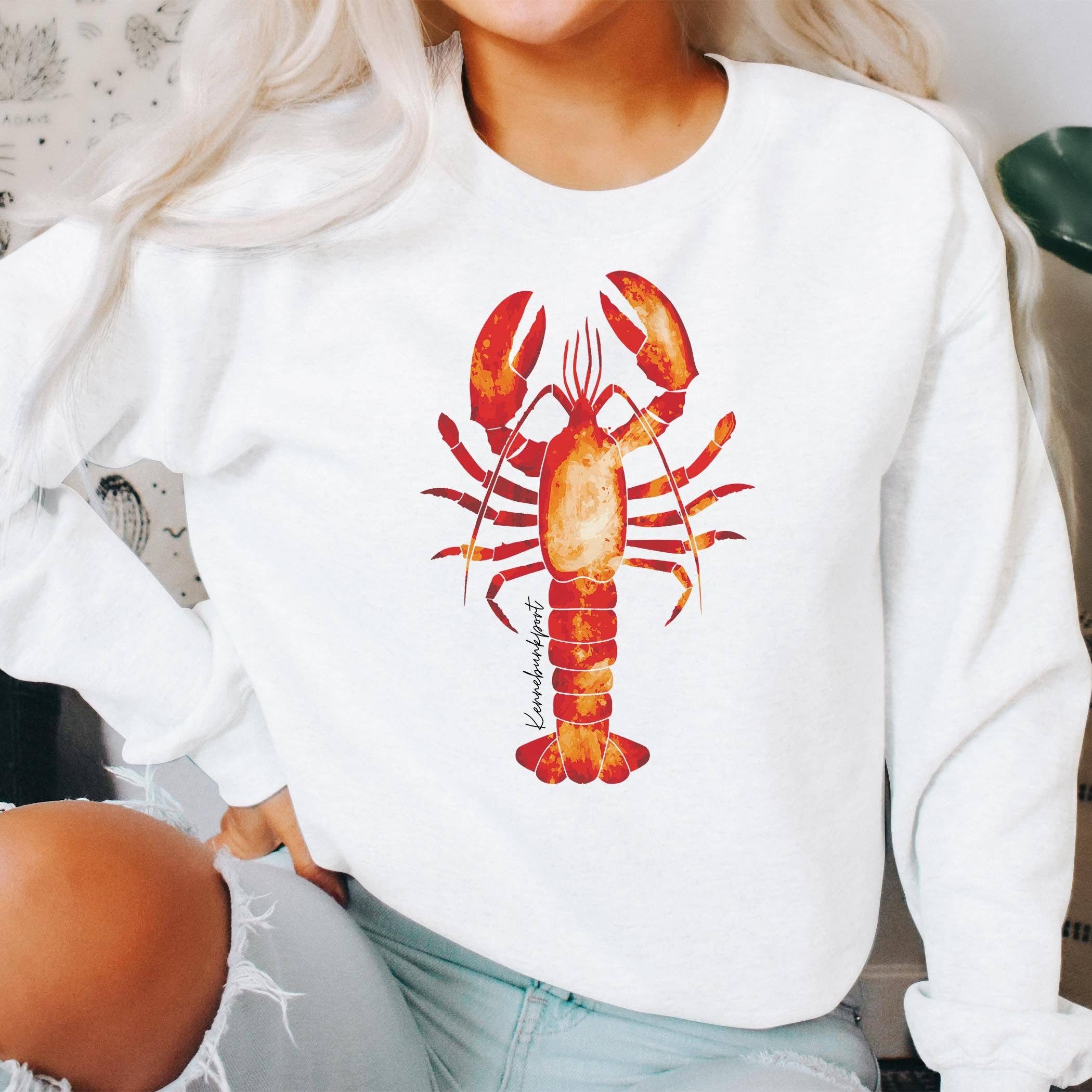 Women’s Gildan Sweatshirt White-Kennebunkport Maine Orange Lobster