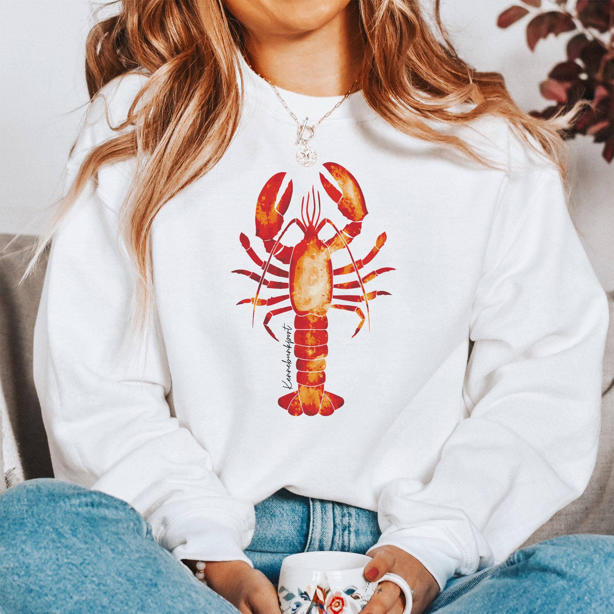 Women’s Gildan Sweatshirt White-Kennebunkport Maine Orange Lobster