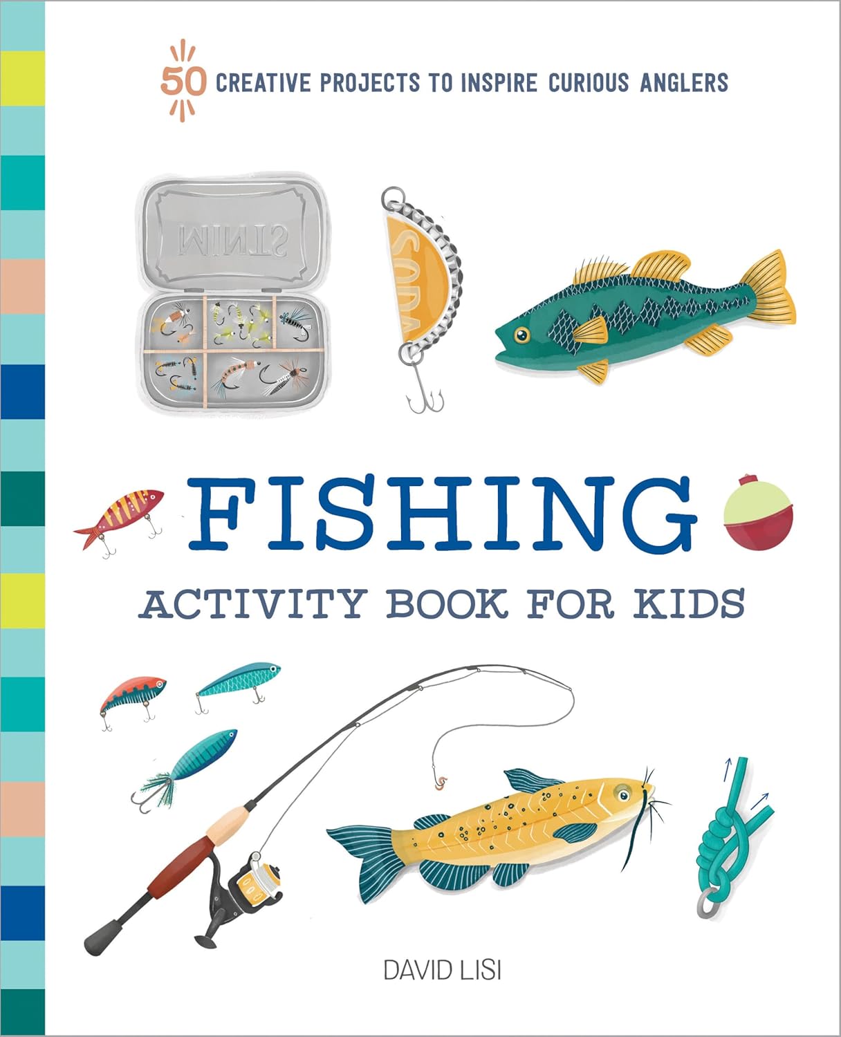 Fishing activity book for kids with illustrations of fishing equipment on a colorful background.